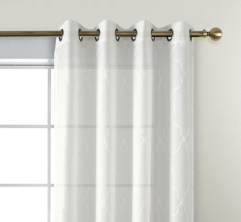 MIUCO Moroccan Embroidery Semi Sheer Curtains Faux Linen Grommet Curtains for Bedroom 52 x 63 Inch 2 Panels, Off White - Image 3